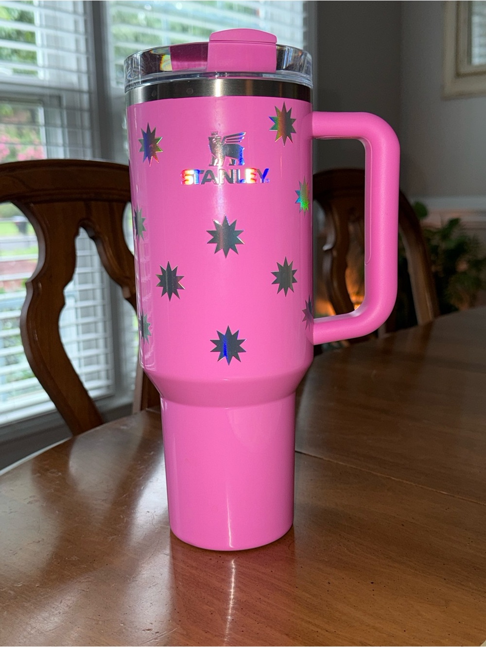 Stanley Hot Pink Travel Mug with Holographic Star Accents and Handle